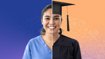 A woman who is split in half wearing two different attires - on the left, wearing a blue long-sleeved shirt; on the right, wearing a graduation cap and gown