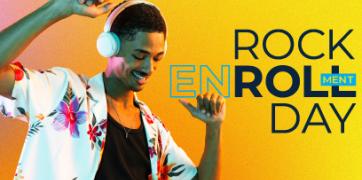 Male wearing a floral print shirt and headphones with the text "Rock Enrollment Day"