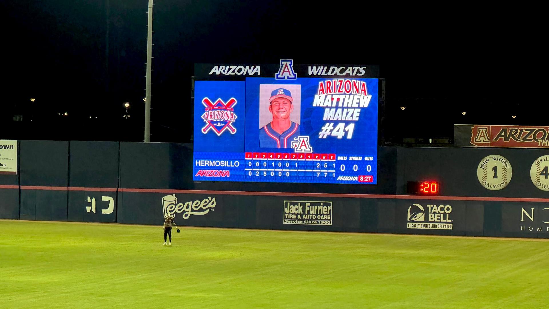 University of Arizona score board showing a photo of Matthew Maize, now #41