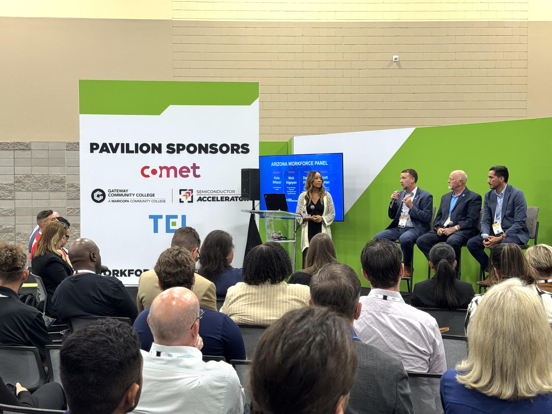 Panelists Danny Fisher, Nick Irigoyen, and Scott Holman present at the SemiCon West Workforce Pavilion.
