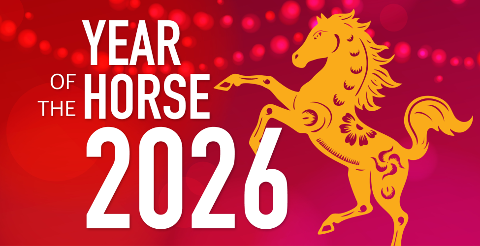 Golden horse with on a red background withe the phrase, "Year of the Horse 2026"