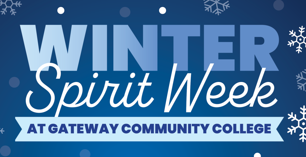 Graphic with the words "Winter Spirit Week" on a solid blue background with white snowflakes throughout