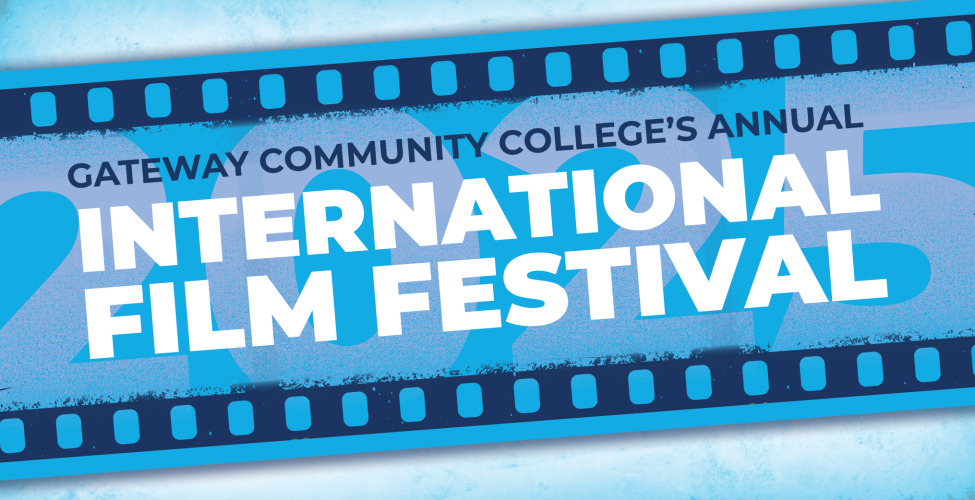 Blue film strip with the text "International Film Festival"