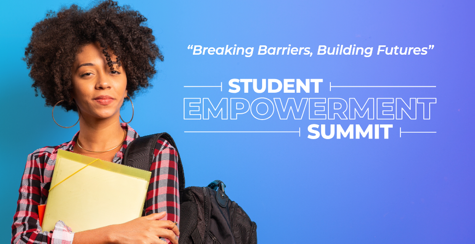 Student holding notebooks and wearing a backpack stands against a blue background with the text “Student Empowerment Summit.”