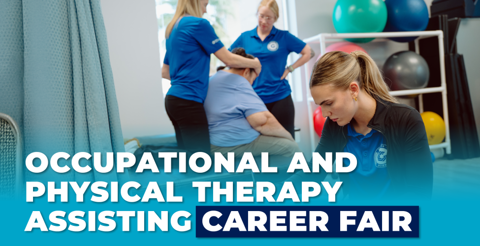 Three physical therapy professionals work with a patient in a clinical setting. In the foreground, a student in a blue polo focuses on notes, while two clinicians assist a seated patient with neck therapy exercises. Exercise balls and rehabilitation equipment are visible in the background. Overlaid text reads “Occupational and Physical Therapy Assisting Career Fair.”