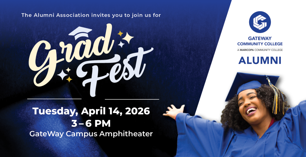 GateWay Community College Grad Fest event graphic featuring a smiling graduate in cap and gown with event details April 14, 2026 from 3 to 6 p.m. at the campus amphitheater