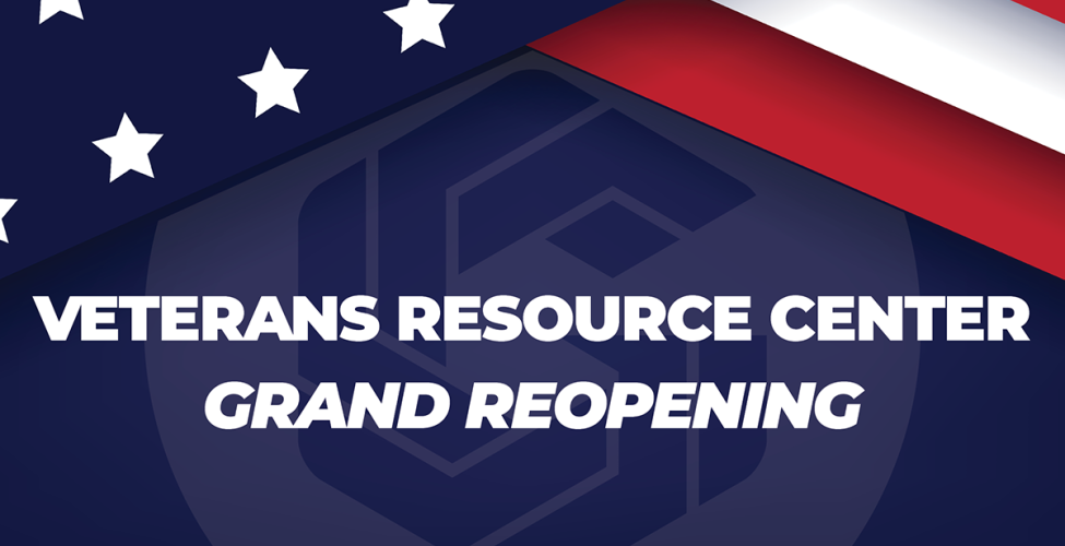 Blue graphic with the text "Veterans Resource Center Grand Reopening"