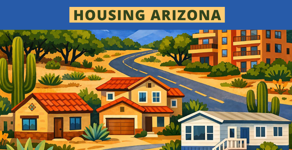 Illustration of homes with the words "Housing Arizona"
