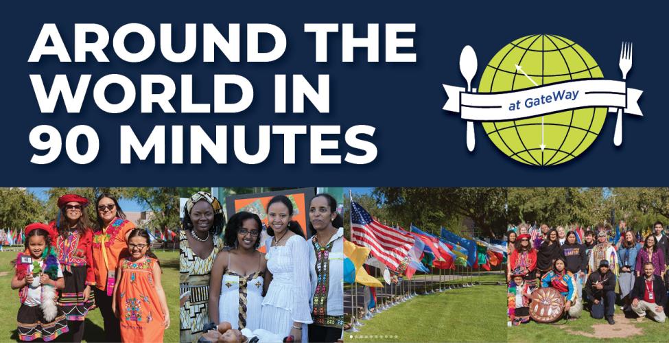 "Around the World in 90 Minutes" in white text on a blue background, and the logo to the right of the text. Below are pictures of the event from 2022.