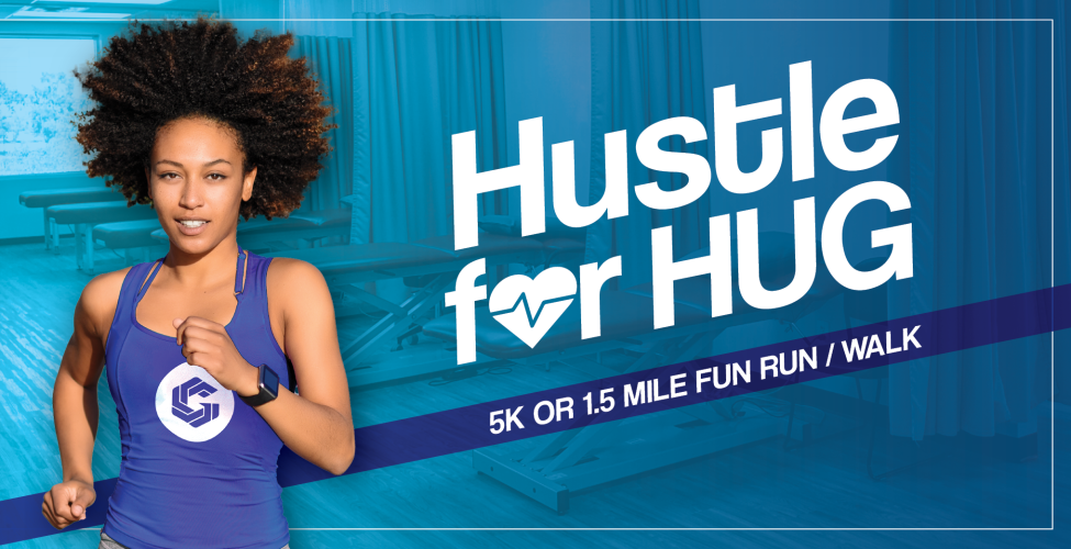 A person running on the left hand side of the graphic, wearing a tank top with a GateWay logo. The text "Hustle for HUG" is on the right side.