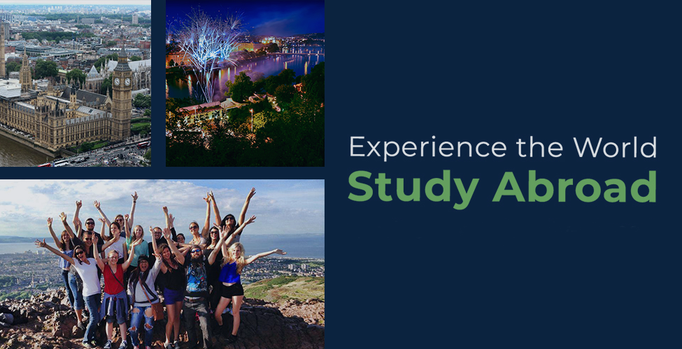 The text "Experience the World" with "Study Abroad" underneath it. Three pictures are underneath the text along the bottom part of the graphic.