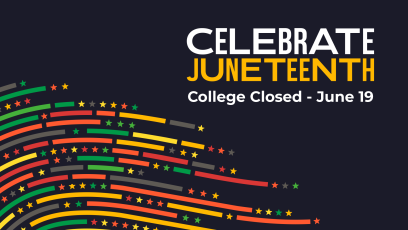 Black graphic with red, yellow, and green waved lines with the text "Celebrate Juneteenth" 