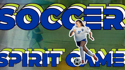 Women playing soccer with text Soccer Spirit Game