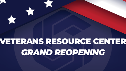 Blue graphic with the text "Veterans Resource Center Grand Reopening"