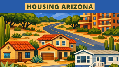 Illustration of homes with the words "Housing Arizona"
