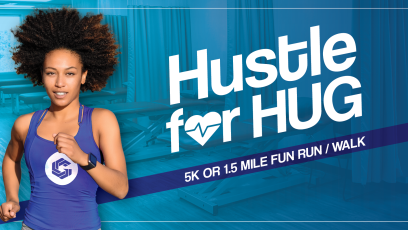 A person running on the left hand side of the graphic, wearing a tank top with a GateWay logo. The text "Hustle for HUG" is on the right side.