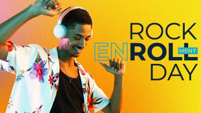Male wearing floral shirt, and headphones with the words "Rock Enrollment Day"