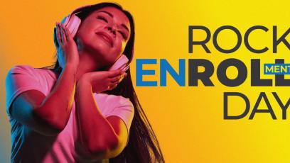 Student wearing headphones smiles with eyes closed against a bright yellow background next to bold text that reads “Rock Enrollment Day.”