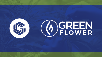 Image with blue overaly that has the letter "G" in a white circle and the words "Green Flower" next to it