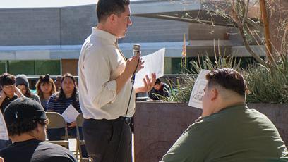 City councilman Ryan Winkle speaks to students in the audience at the FRANK Talks event on Feb. 16
