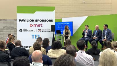 Panelists Danny Fisher, Nick Irigoyen, and Scott Holman present at the SemiCon West Workforce Pavilion.
