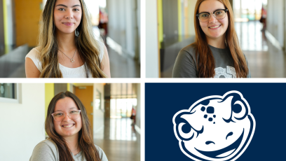 4 photos: students Rhea, Amelia, Marisa, and the GateWay Gecko Head