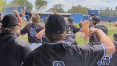 The team comes out of the dugout to celebrate a home run. 