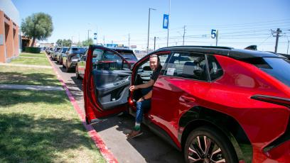 Automotive Faculty and Industrial Technology Chair Cody Metcalf tests the new Toyota