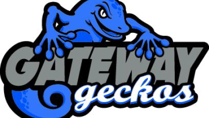 GateWay athletics logo, blue gecko with grey txt that says GATEWAY and white text that says geckos