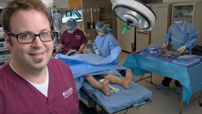 Male student wearing maroon scrubs
