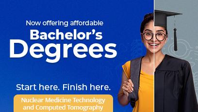 Now offering affordable Bachelor's Degrees. Start here. Finish here. Nuclear Medicine Technology and Computed Tomography. Picture of person with dividing line in between with two different attires. On the left, person has yellow shirt and backpack. On the right, person has graduation cap and gown.