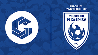 The GateWay Community College Logo (left) and the Phoenix Rising logo (right) on a blue background, separated by a vertical white line. Above the Phoenix Rising logo on the right, the phrase "Proud Partner Of" appears.