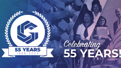 The GateWay Community College 55th Anniversary Logo, with text saying "Celebrating 55 Years" in white font on the right side. The pictures in the background are a variety throughout the history of GateWay Community College.