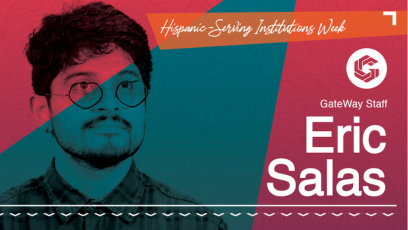 A picture of Eric Salas, with alternating pink and teal overlay. The text "Eric Salas" in white is on the right. "Hispanic-Serving Institution Week" is up top in white text on an orange background.