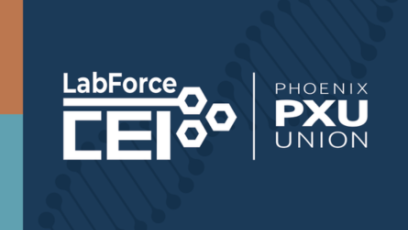 The CEI LabForce and Phoenix Union High School logos on a blue background with a DNA strand in the back.