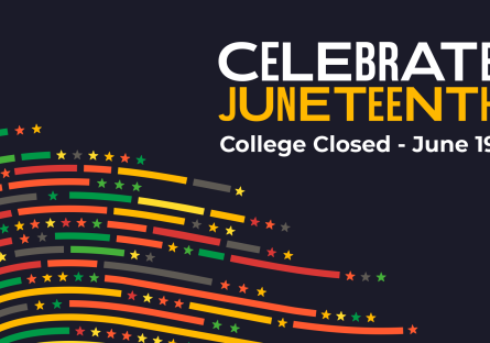 Black graphic with red, yellow, and green waved lines with the text "Celebrate Juneteenth" 