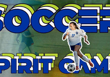 Women playing soccer with text Soccer Spirit Game