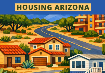 Illustration of homes with the words "Housing Arizona"