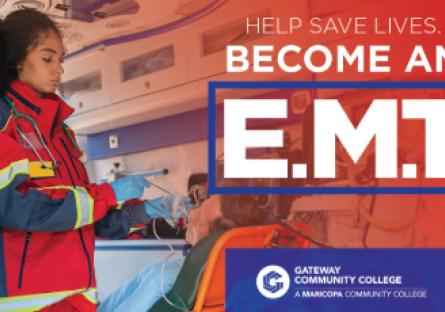 Promotional graphic for GateWay Community College's EMT program featuring an emergency responder caring for a patient in an ambulance.