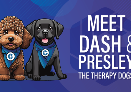 Illustrated image of brown labradoodle and black lab with the words "Meet Dash and Presley, The Therapy Dogs"