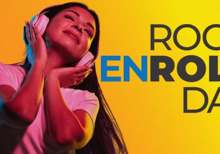 Student wearing headphones smiles with eyes closed against a bright yellow background next to bold text that reads “Rock Enrollment Day.”