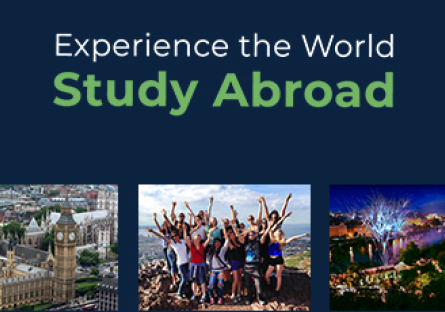 The text "Experience the World" with "Study Abroad" underneath it. Three pictures are underneath the text along the bottom part of the graphic.