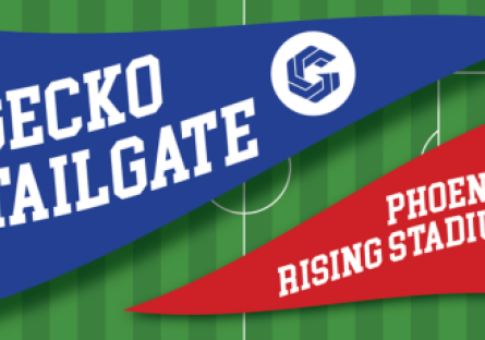A blue pennant on the left and a red pennant on the right. On the blue pennant is "Gecko Tailgate" in white text with the GateWay "Circle G" logo next to it. On the red pennant is "Phoenix Rising Stadium" in white text.