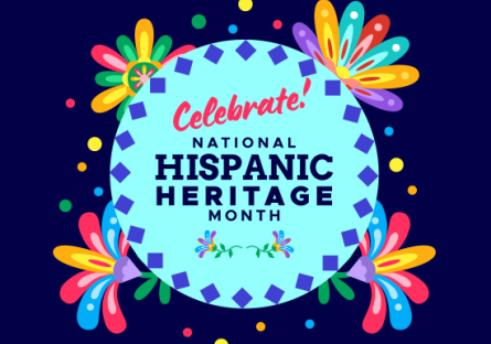 Celebrate National Hispanic Heritage Month design with flowers and a purple background