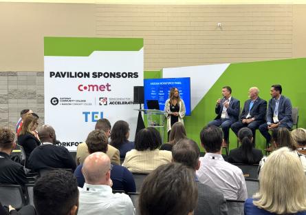Panelists Danny Fisher, Nick Irigoyen, and Scott Holman present at the SemiCon West Workforce Pavilion.