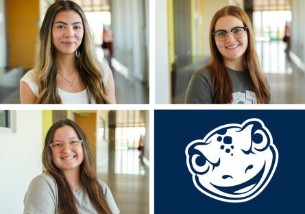 4 photos: students Rhea, Amelia, Marisa, and the GateWay Gecko Head