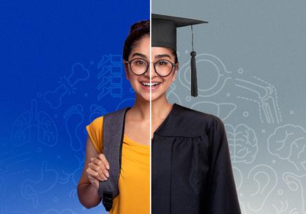 Picture of person with dividing line in between with two different attires. On the left, person has yellow shirt and backpack. On the right, person has graduation cap and gown.