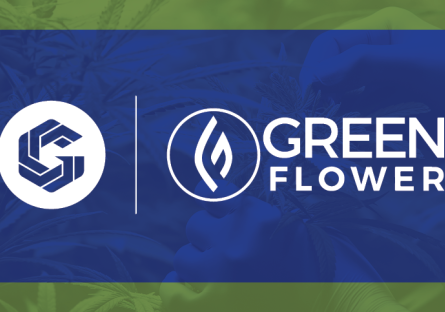 Image with blue overaly that has the letter "G" in a white circle and the words "Green Flower" next to it