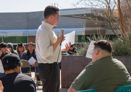 City councilman Ryan Winkle speaks to students in the audience at the FRANK Talks event on Feb. 16