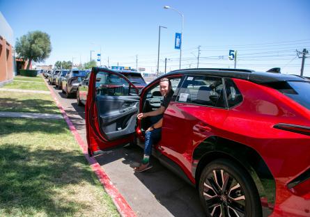 Automotive Faculty and Industrial Technology Chair Cody Metcalf tests the new Toyota